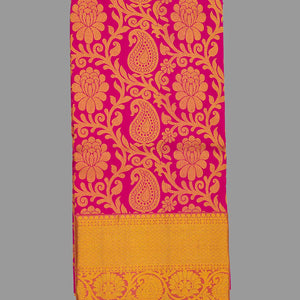 Pink Handloom Silk Pavadai Material With Mango Motifs-Pink