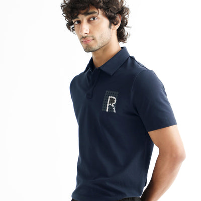 Rare Rabbit Men's Poka Navy Cotton Lycra Fabric Collared Neck Half Sleeves Polo T-Shirt