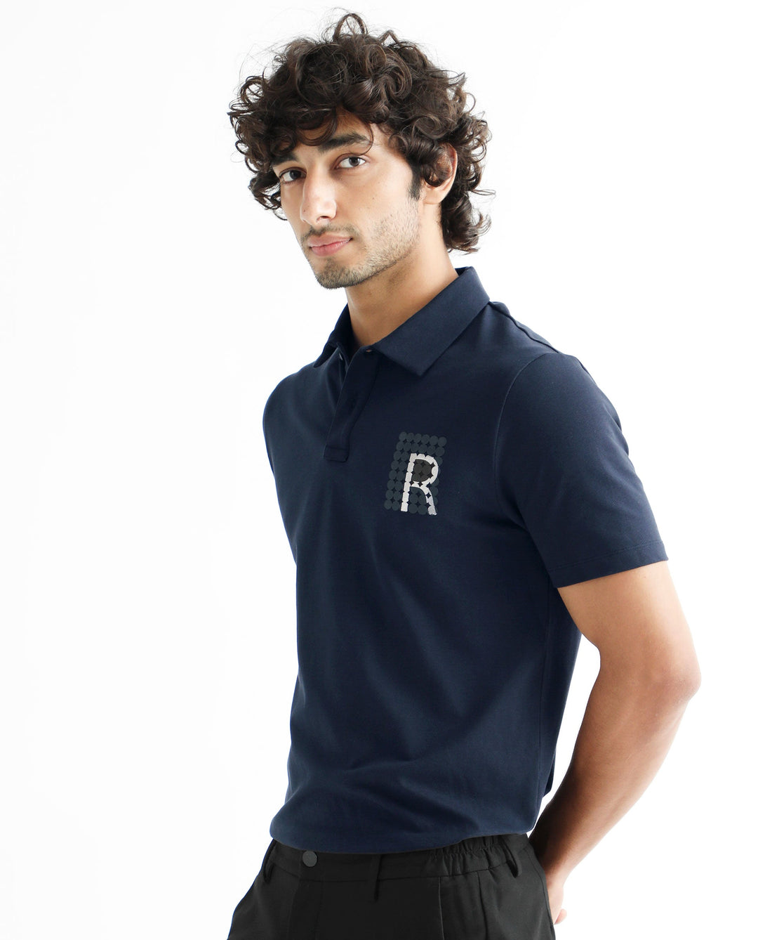 Rare Rabbit Men's Poka Navy Cotton Lycra Fabric Collared Neck Half Sleeves Polo T-Shirt