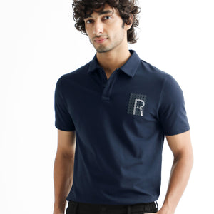 Rare Rabbit Men's Poka Navy Cotton Lycra Fabric Collared Neck Half Sleeves Polo T-Shirt