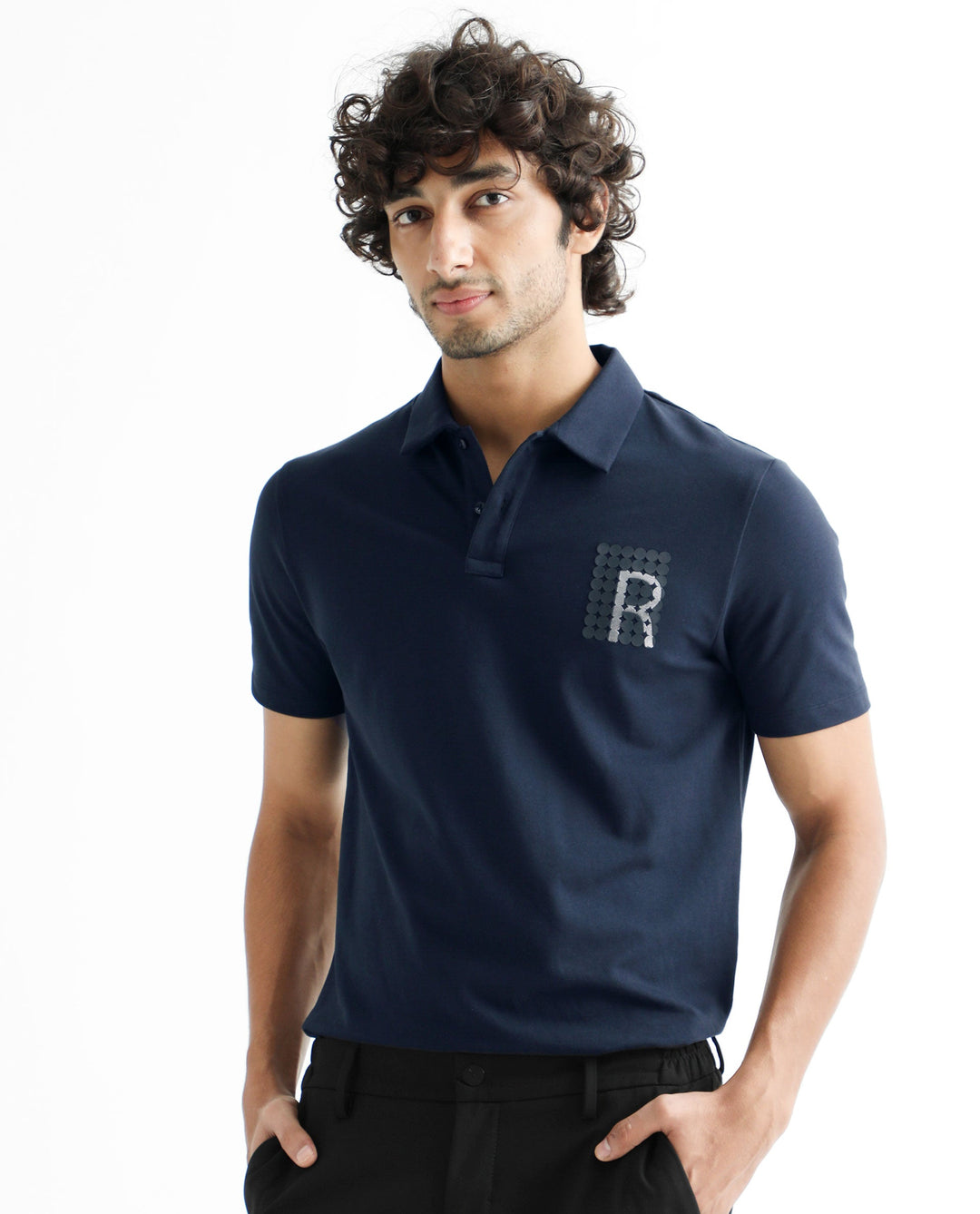 Rare Rabbit Men's Poka Navy Cotton Lycra Fabric Collared Neck Half Sleeves Polo T-Shirt