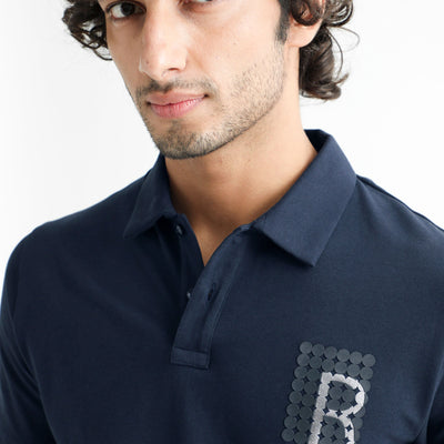 Rare Rabbit Men's Poka Navy Cotton Lycra Fabric Collared Neck Half Sleeves Polo T-Shirt