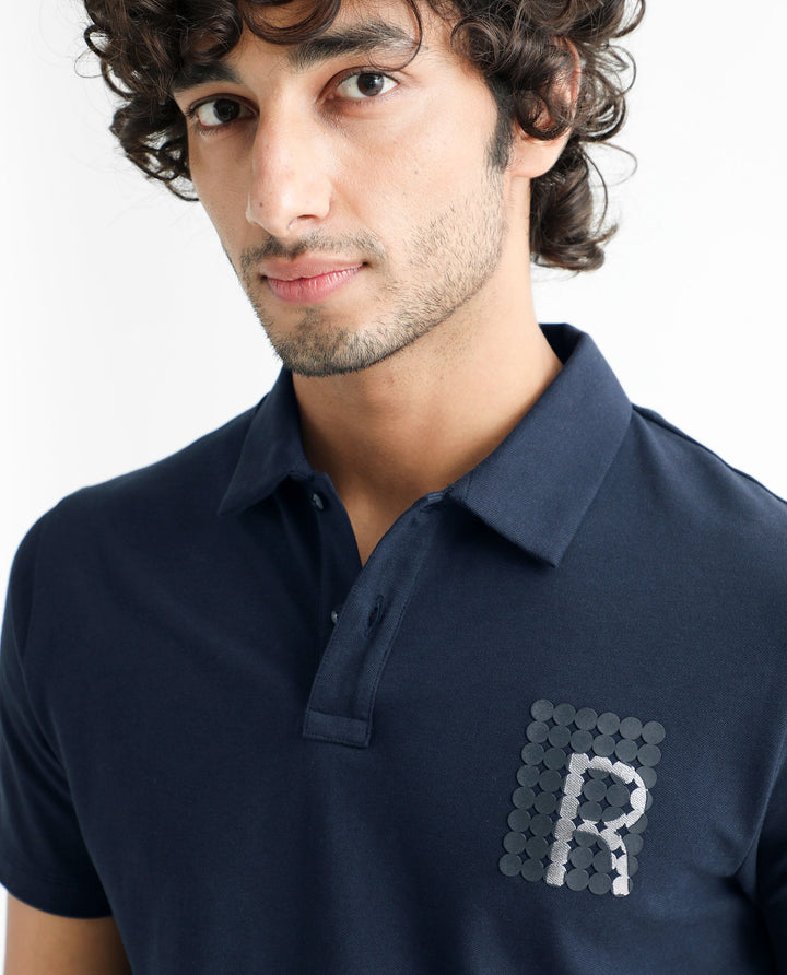 Rare Rabbit Men's Poka Navy Cotton Lycra Fabric Collared Neck Half Sleeves Polo T-Shirt