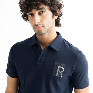 Rare Rabbit Men's Poka Navy Cotton Lycra Fabric Collared Neck Half Sleeves Polo T-Shirt