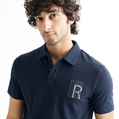 Rare Rabbit Men's Poka Navy Cotton Lycra Fabric Collared Neck Half Sleeves Polo T-Shirt
