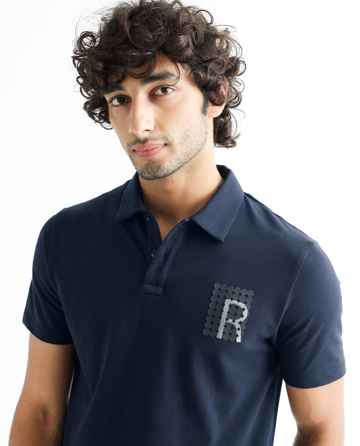 Rare Rabbit Men's Poka Navy Cotton Lycra Fabric Collared Neck Half Sleeves Polo T-Shirt