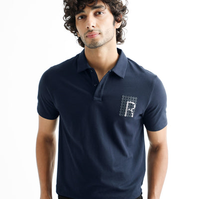 Rare Rabbit Men's Poka Navy Cotton Lycra Fabric Collared Neck Half Sleeves Polo T-Shirt