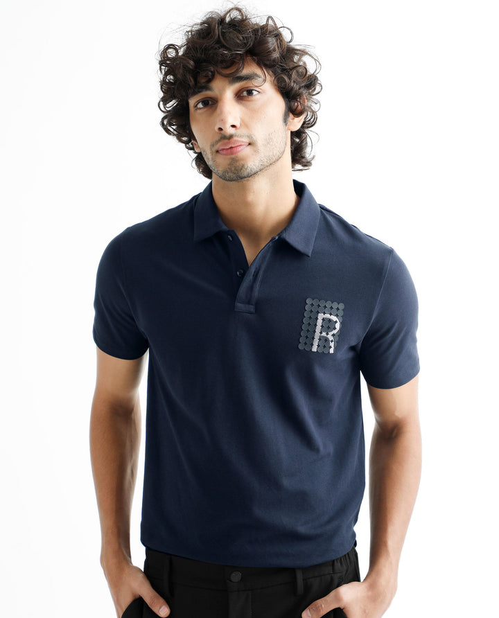 Rare Rabbit Men's Poka Navy Cotton Lycra Fabric Collared Neck Half Sleeves Polo T-Shirt