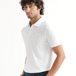 Rare Rabbit Men's Poka White Cotton Lycra Fabric Collared Neck Half Sleeves Polo T-Shirt