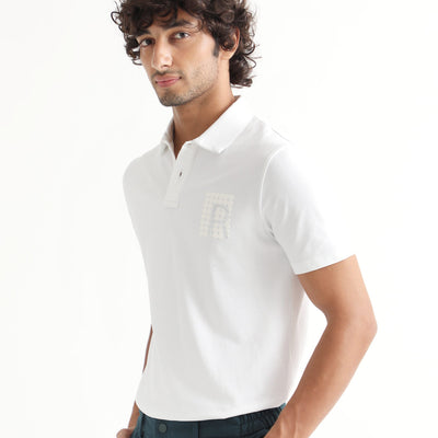 Rare Rabbit Men's Poka White Cotton Lycra Fabric Collared Neck Half Sleeves Polo T-Shirt