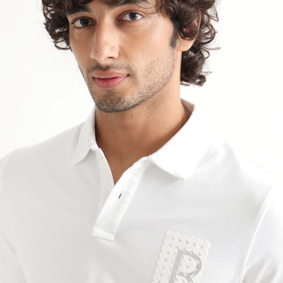 Rare Rabbit Men's Poka White Cotton Lycra Fabric Collared Neck Half Sleeves Polo T-Shirt