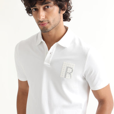 Rare Rabbit Men's Poka White Cotton Lycra Fabric Collared Neck Half Sleeves Polo T-Shirt