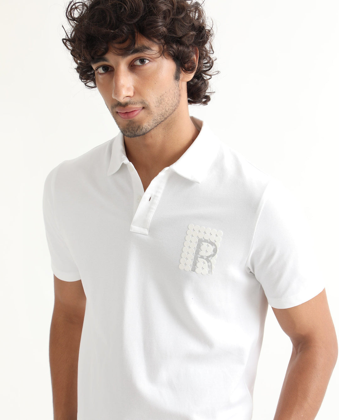 Rare Rabbit Men's Poka White Cotton Lycra Fabric Collared Neck Half Sleeves Polo T-Shirt