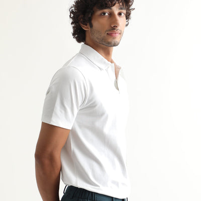 Rare Rabbit Men's Poka White Cotton Lycra Fabric Collared Neck Half Sleeves Polo T-Shirt