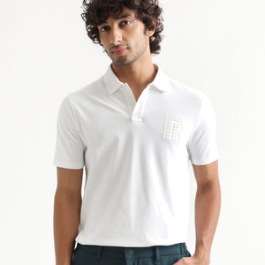 Rare Rabbit Men's Poka White Cotton Lycra Fabric Collared Neck Half Sleeves Polo T-Shirt