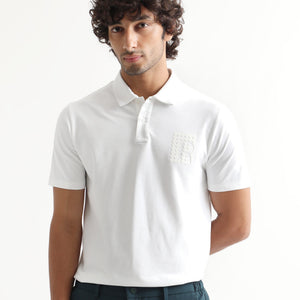 Rare Rabbit Men's Poka White Cotton Lycra Fabric Collared Neck Half Sleeves Polo T-Shirt