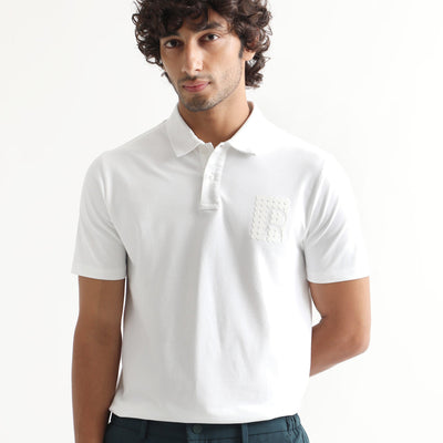 Rare Rabbit Men's Poka White Cotton Lycra Fabric Collared Neck Half Sleeves Polo T-Shirt