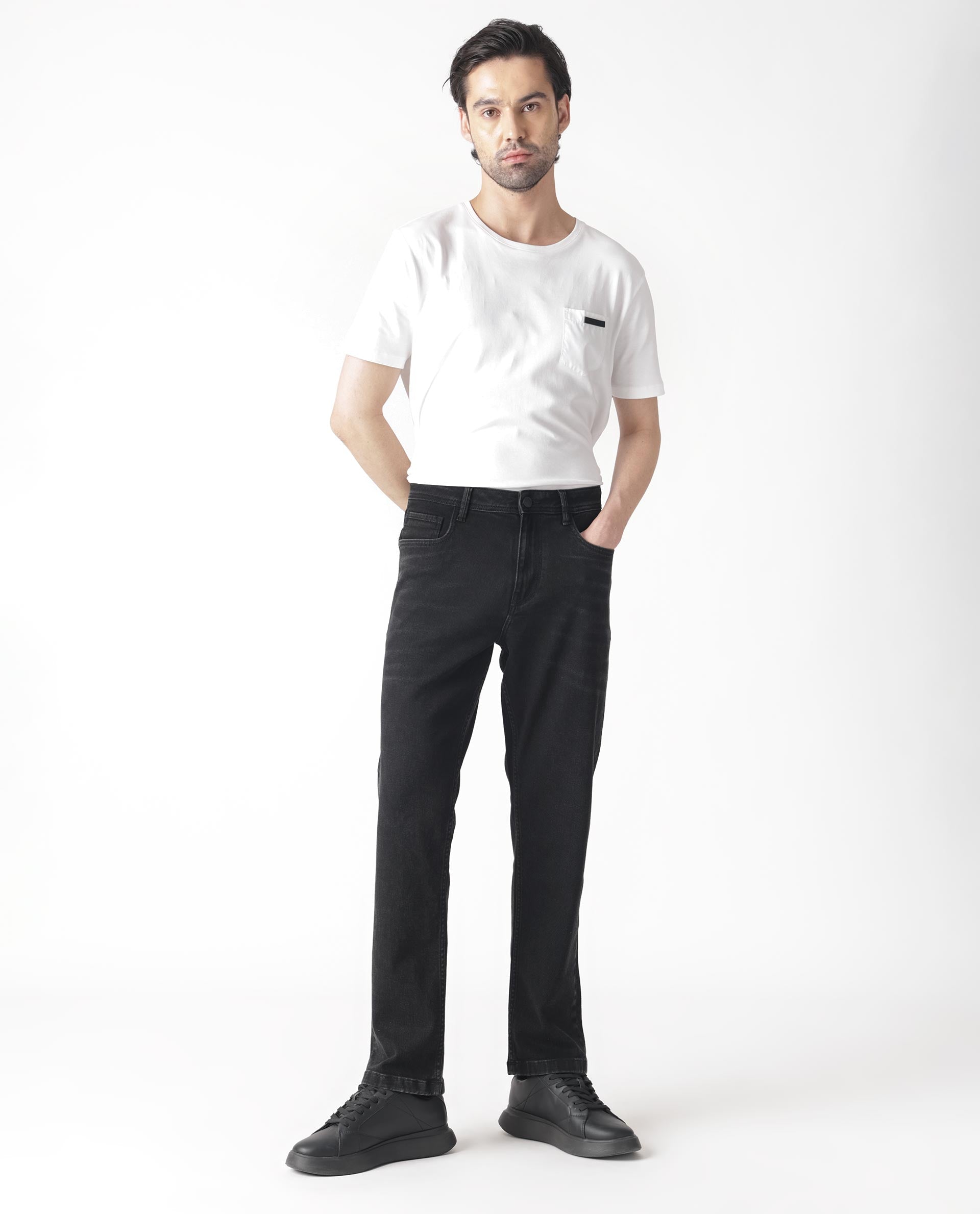 Rare Rabbit Men's Polin Black Dark Wash Mid-Rise Slim Fit Jeans