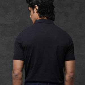 Rare Rabbit Men's Prin-2 Black Cotton Lycra Fabric Short Sleeve Collared Neck Zipper Closure Plain Polo