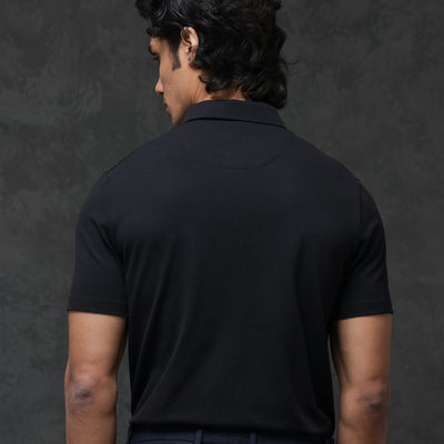 Rare Rabbit Men's Prin-2 Black Cotton Lycra Fabric Short Sleeve Collared Neck Zipper Closure Plain Polo