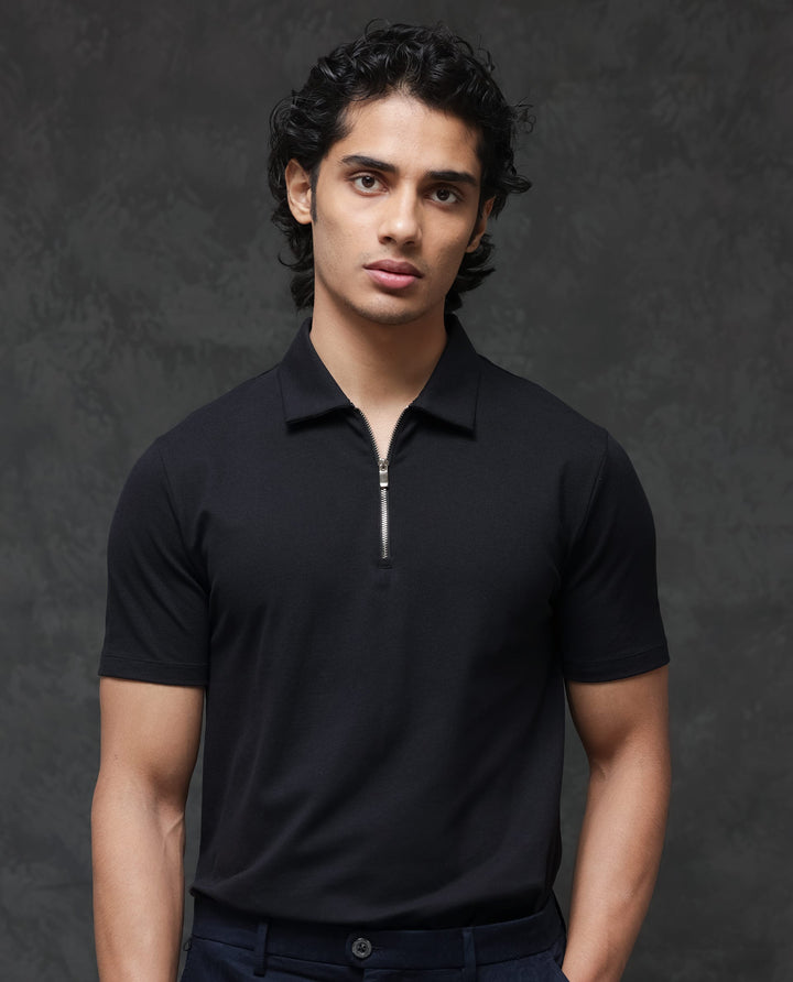 Rare Rabbit Mens Prin-1 Black Cotton Fabric Collared Neck Zipper Closure Half Sleeves Polo T-Shirt