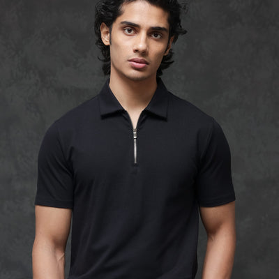 Rare Rabbit Men's Prin-2 Black Cotton Lycra Fabric Short Sleeve Collared Neck Zipper Closure Plain Polo