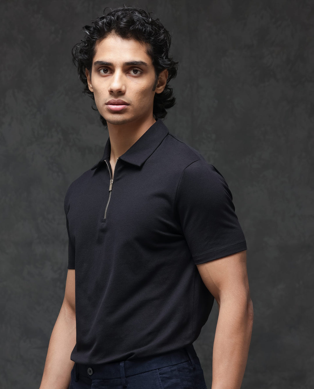 Rare Rabbit Mens Prin-1 Black Cotton Fabric Collared Neck Zipper Closure Half Sleeves Polo T-Shirt