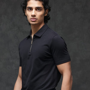 Rare Rabbit Men's Prin-2 Black Cotton Lycra Fabric Short Sleeve Collared Neck Zipper Closure Plain Polo