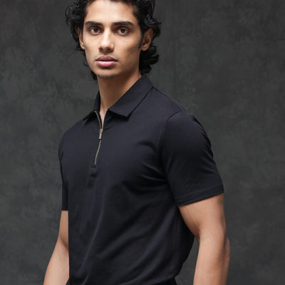 Rare Rabbit Men's Prin-2 Black Cotton Lycra Fabric Short Sleeve Collared Neck Zipper Closure Plain Polo