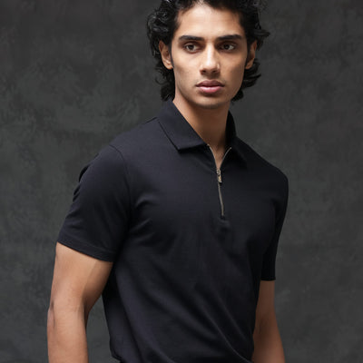 Rare Rabbit Men's Prin-2 Black Cotton Lycra Fabric Short Sleeve Collared Neck Zipper Closure Plain Polo