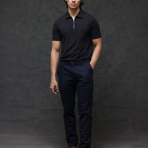 Rare Rabbit Men's Prin-2 Black Cotton Lycra Fabric Short Sleeve Collared Neck Zipper Closure Plain Polo