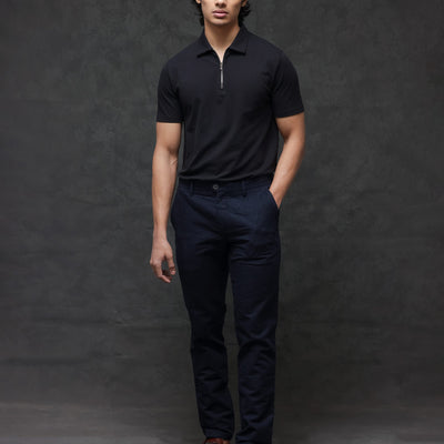 Rare Rabbit Men's Prin-2 Black Cotton Lycra Fabric Short Sleeve Collared Neck Zipper Closure Plain Polo