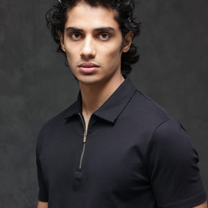 Rare Rabbit Men's Prin-2 Black Cotton Lycra Fabric Short Sleeve Collared Neck Zipper Closure Plain Polo