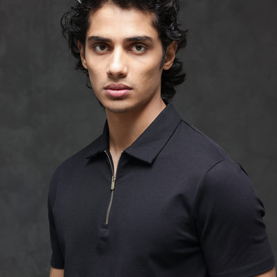 Rare Rabbit Men's Prin-2 Black Cotton Lycra Fabric Short Sleeve Collared Neck Zipper Closure Plain Polo