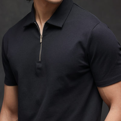 Rare Rabbit Mens Prin-1 Black Cotton Fabric Collared Neck Zipper Closure Half Sleeves Polo T-Shirt