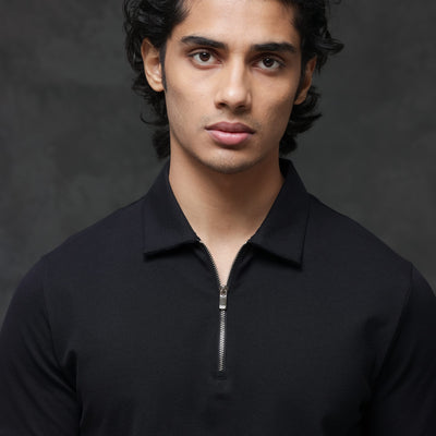 Rare Rabbit Men's Prin-2 Black Cotton Lycra Fabric Short Sleeve Collared Neck Zipper Closure Plain Polo