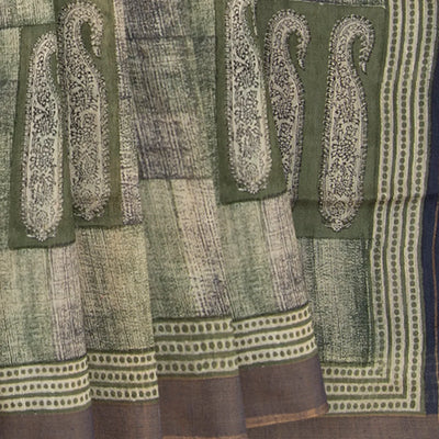 Sage Green Handwoven Printed Tussar Silk Saree-Sage Green