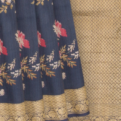 Dark Blue Handwoven Tussar Printed Silk Saree With Vine Motifs in Zari Border & Pallu