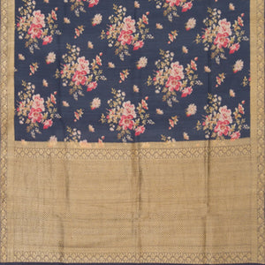 Dark Blue Handwoven Tussar Printed Silk Saree With Vine Motifs in Zari Border & Pallu