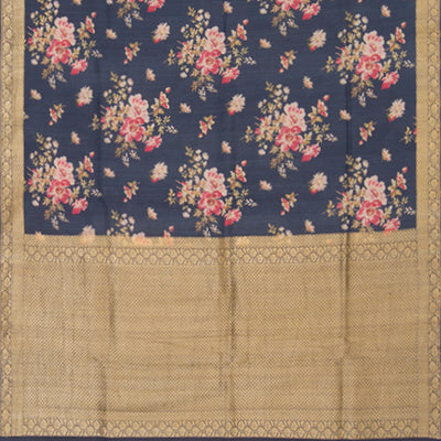 Dark Blue Handwoven Tussar Printed Silk Saree With Vine Motifs in Zari Border & Pallu