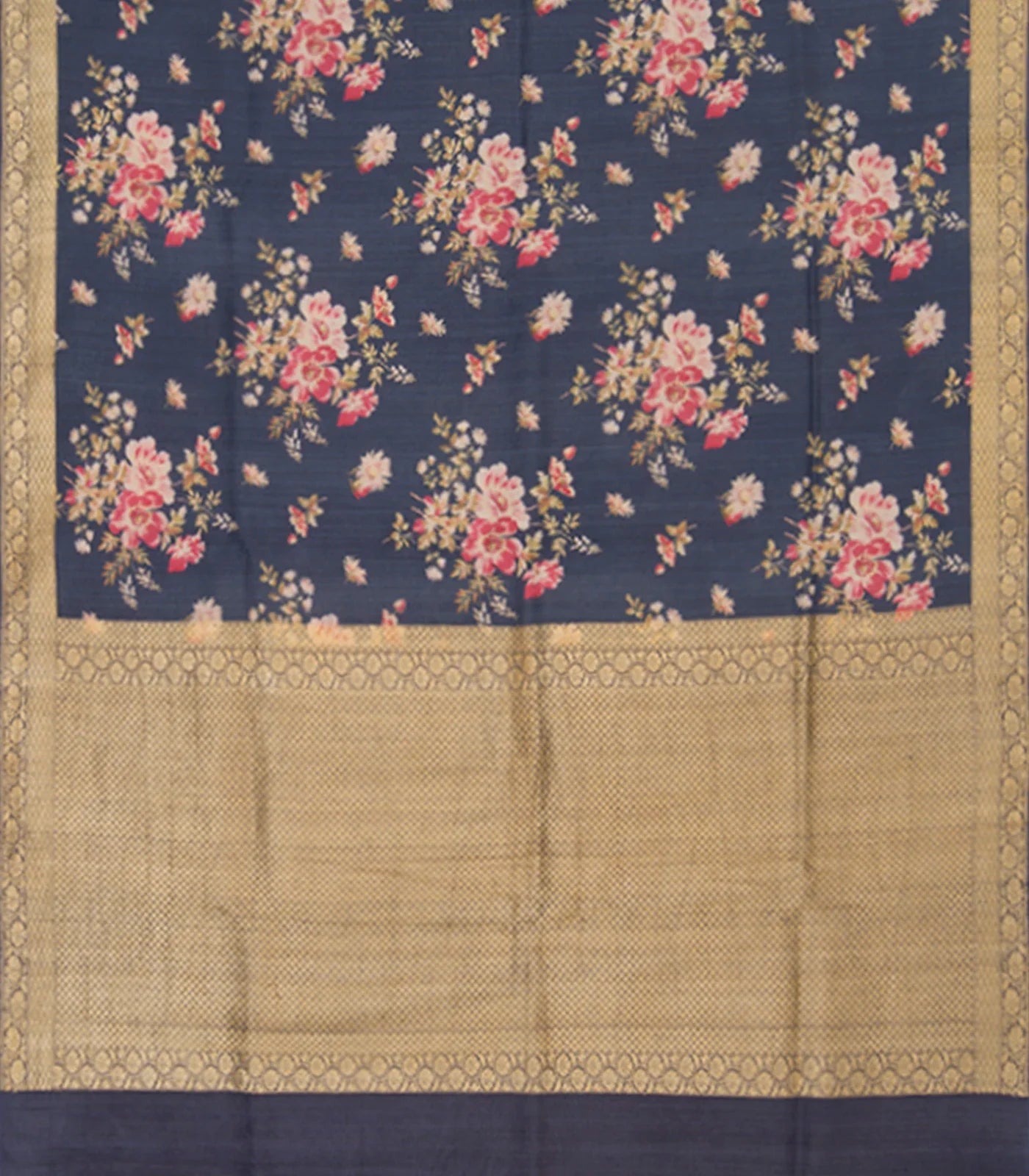 Dark Blue Handwoven Tussar Printed Silk Saree With Vine Motifs in Zari Border & Pallu