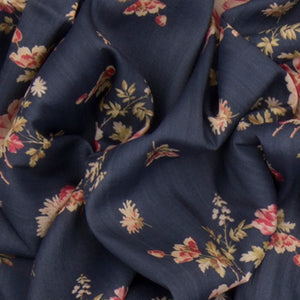 Dark Blue Handwoven Tussar Printed Silk Saree With Vine Motifs in Zari Border & Pallu