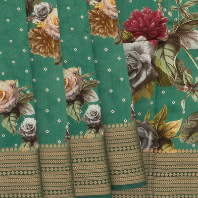 Aquamarine  Woven Chiniya Silk Saree With Floral Prints & Traditional Motifs in Border-Aquamarine