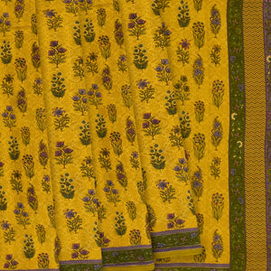 Gold Chiffon Printed Silk Saree With Floral Motifs-Gold