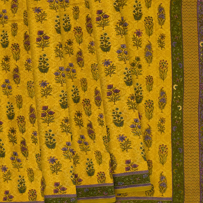 Gold Chiffon Printed Silk Saree With Floral Motifs-Gold