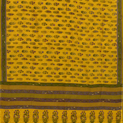 Gold Chiffon Printed Silk Saree With Floral Motifs-Gold