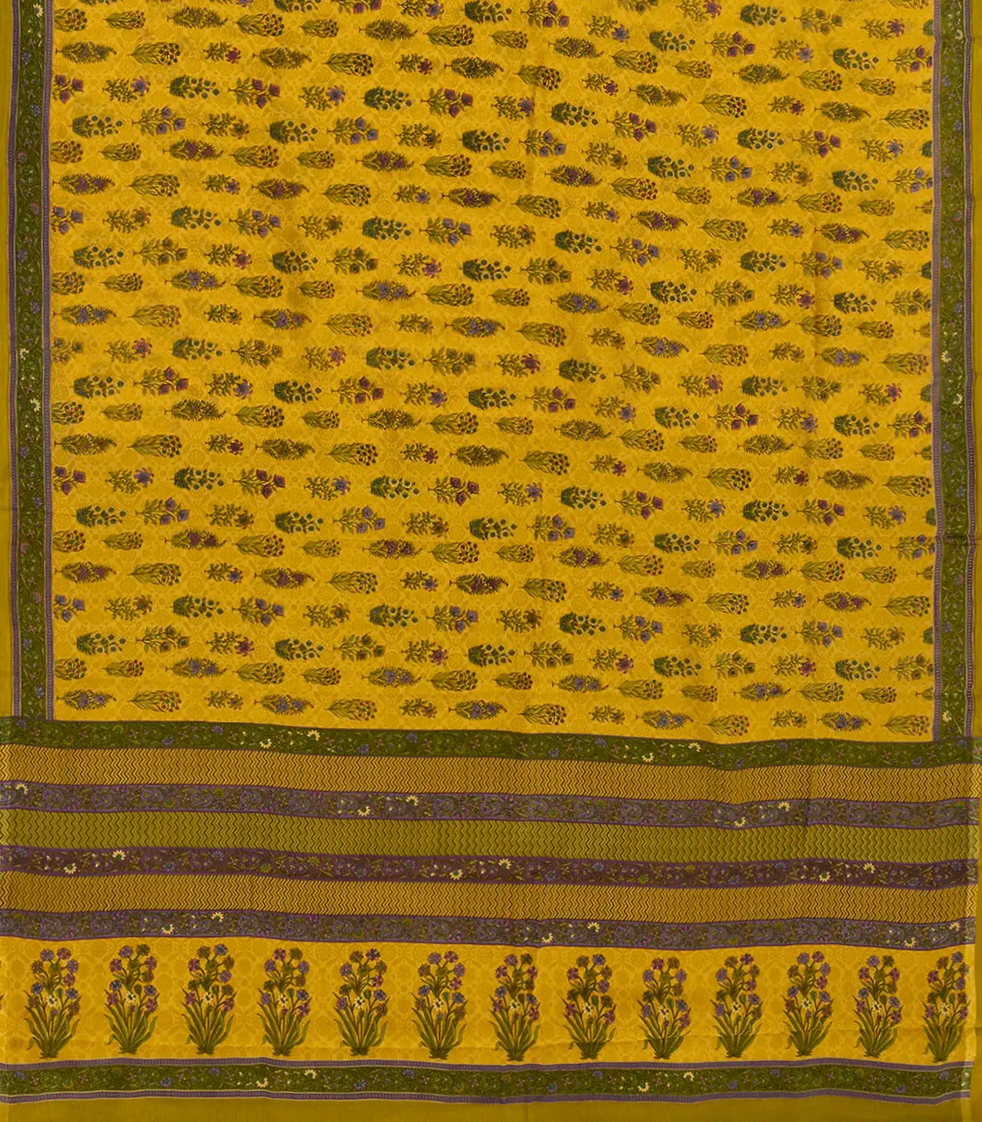 Gold Chiffon Printed Silk Saree With Floral Motifs-Gold