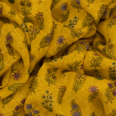 Gold Chiffon Printed Silk Saree With Floral Motifs-Gold