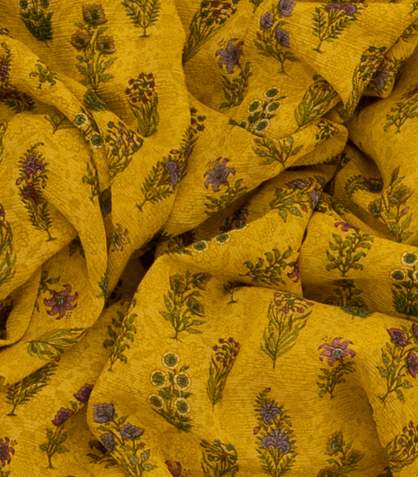 Gold Chiffon Printed Silk Saree With Floral Motifs-Gold