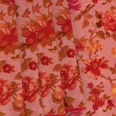 Pink Chiffon Printed Silk Saree With Floral Motifs-Pink
